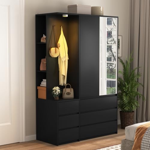 Black Wardrobe Mirror Drawers LED