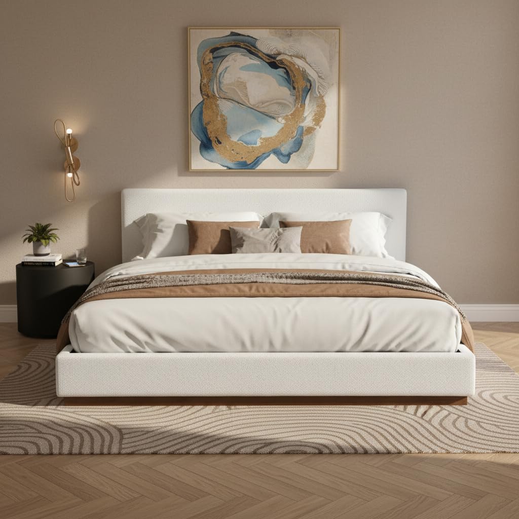 White Boucle Platform Bed Wood Slats