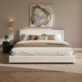 White Boucle Platform Bed Wood Slats