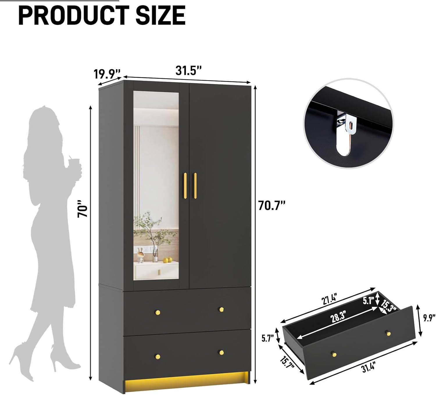Black Wardrobe Mirror Drawers LED Lights
