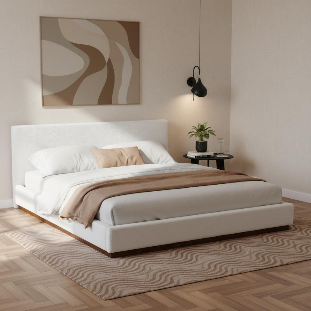 White Boucle Platform Bed Wood Slats