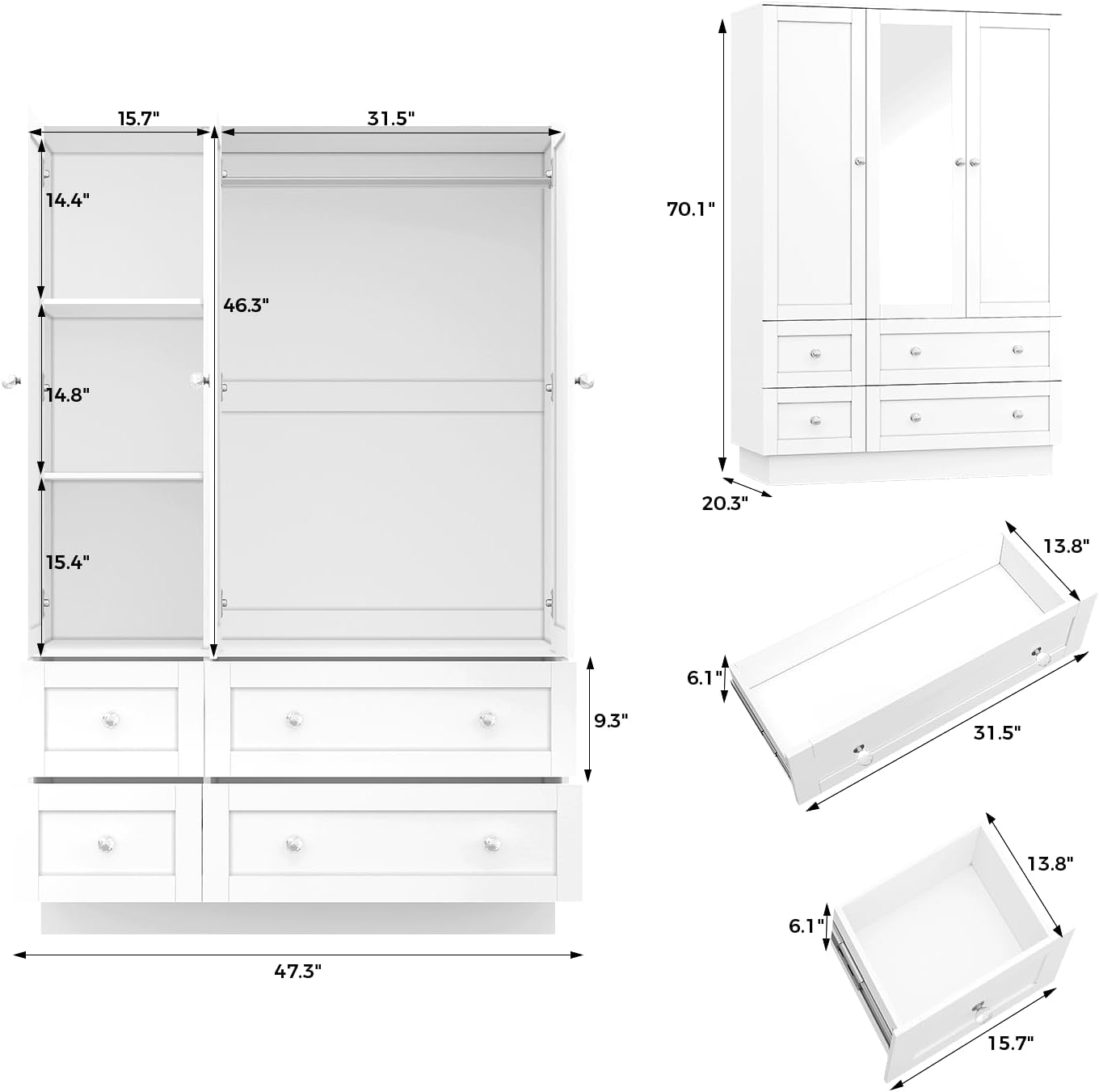 White Wardrobe Mirror Drawers LED