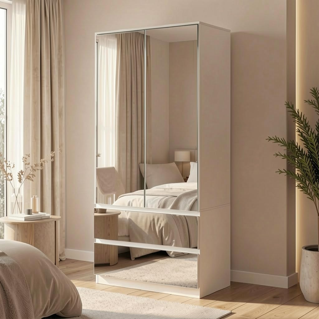 White Wardrobe Mirror Drawers Shelves