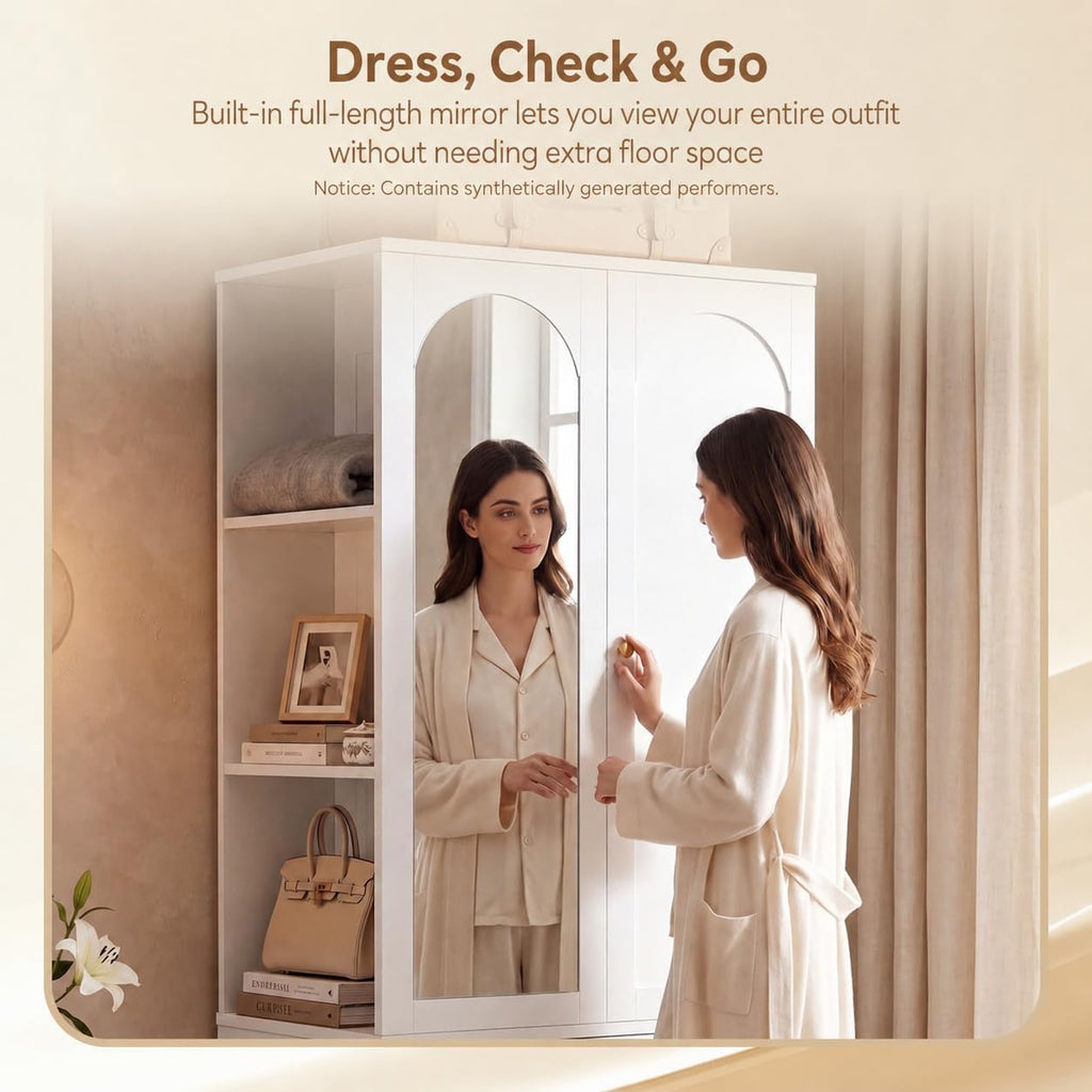 White Wardrobe Mirror Shelves Drawers