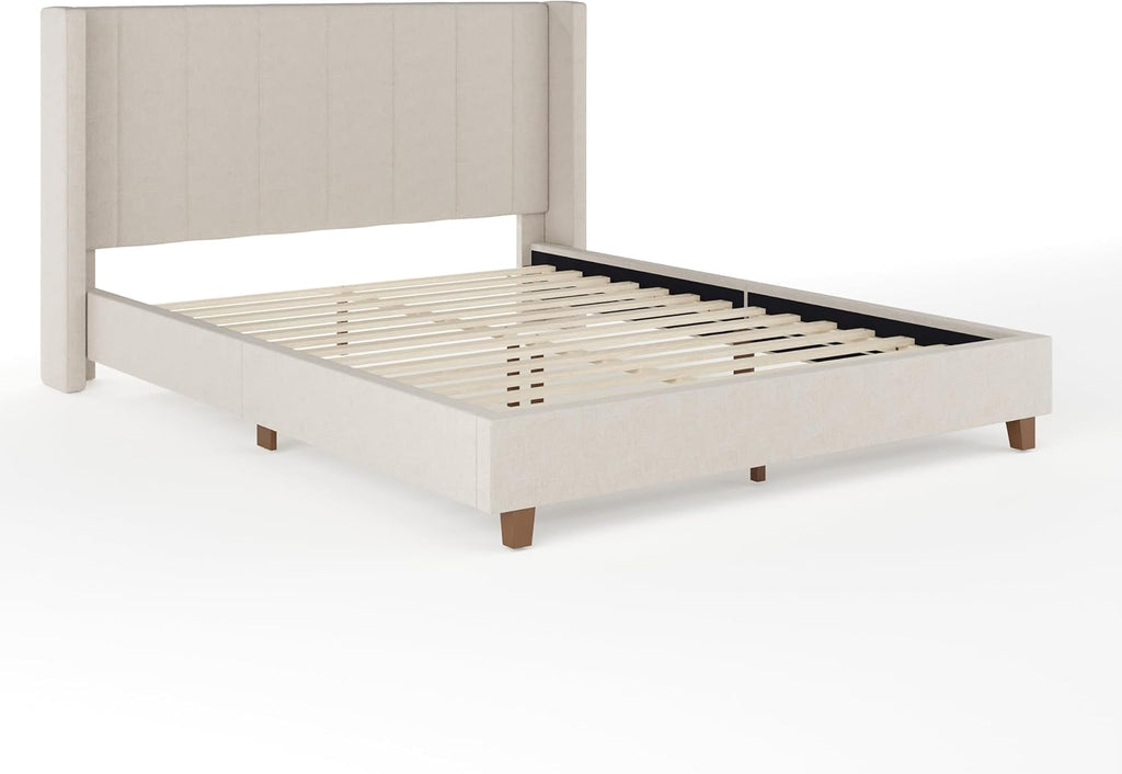 Beige Wingback Platform Stitched Bed