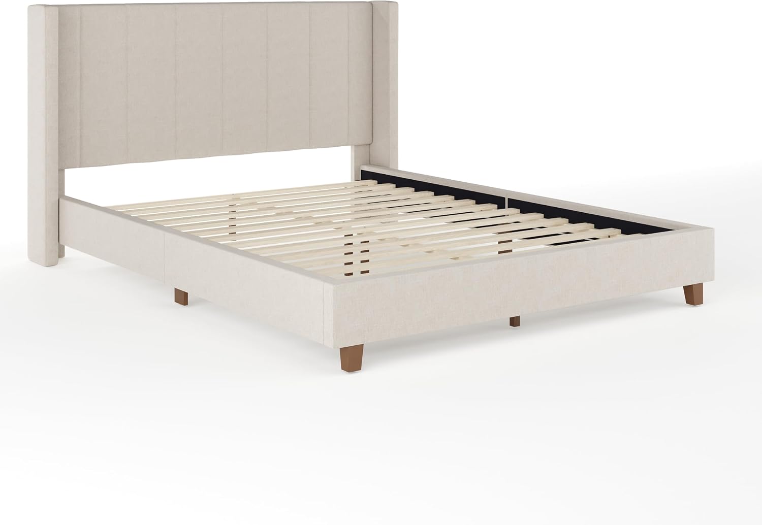 Beige Wingback Platform Stitched Bed