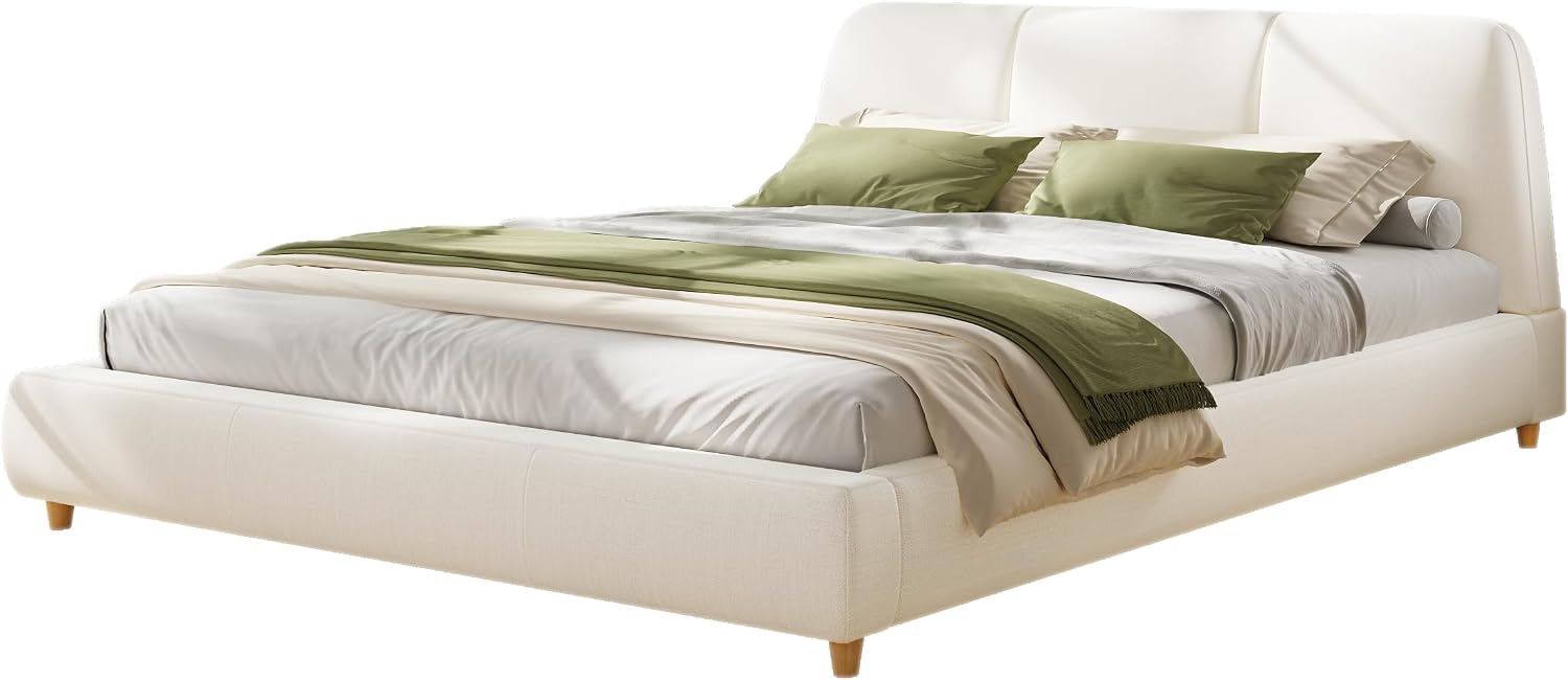 White Linen Platform Bed Headboard
