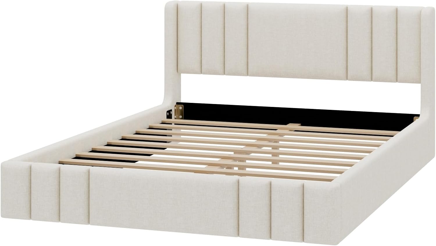 Beige Linen Wingback Platform Bed