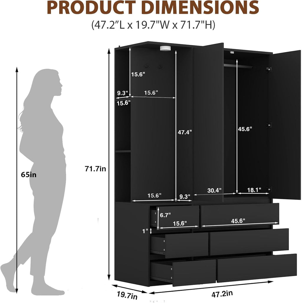 Black Wardrobe Mirror Drawers LED