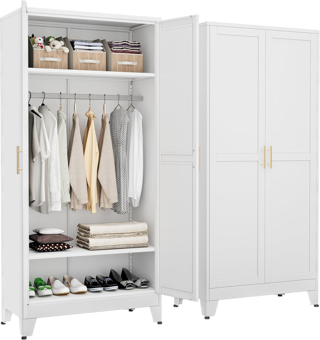 White Metal Wardrobe Mirror Drawers