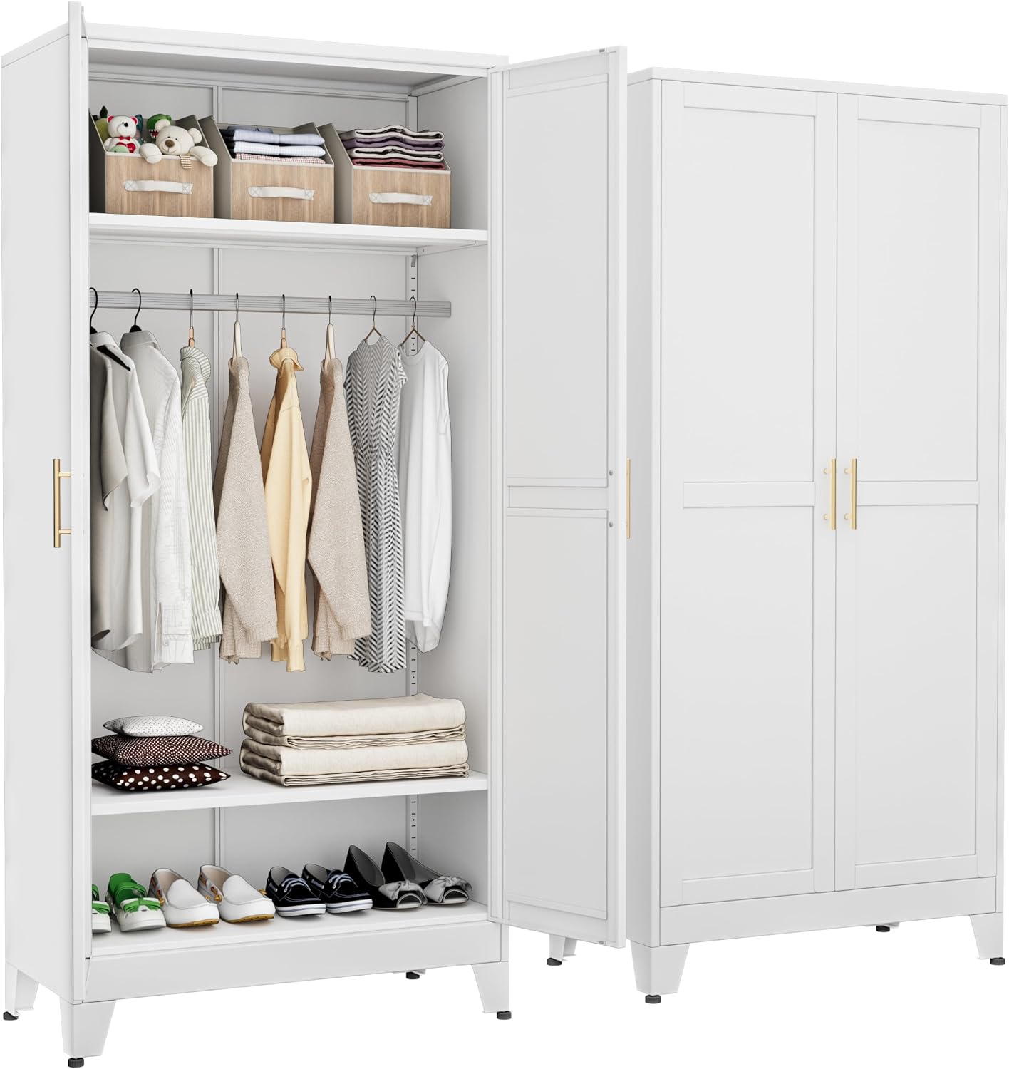 White Metal Wardrobe Mirror Drawers