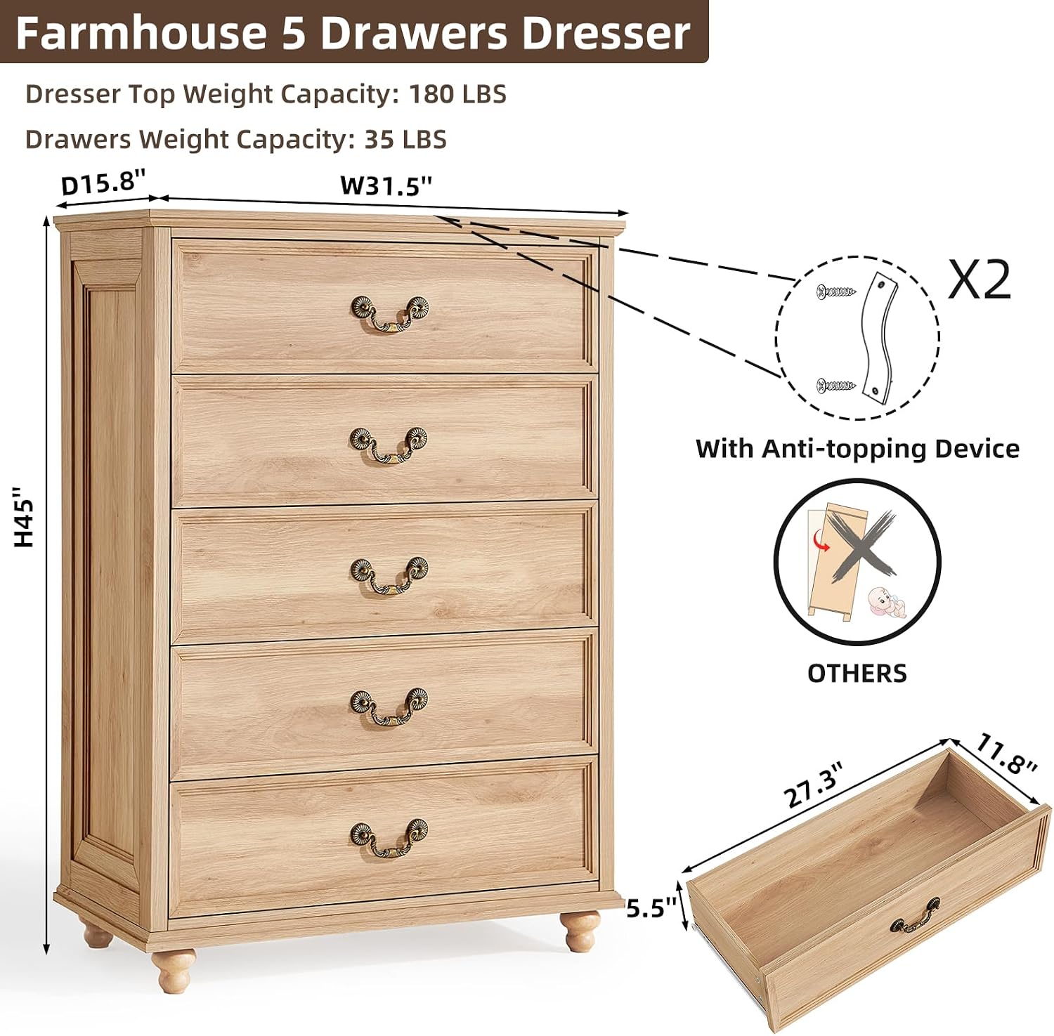 Natural Oak Farmhouse 5 Drawer Dresser