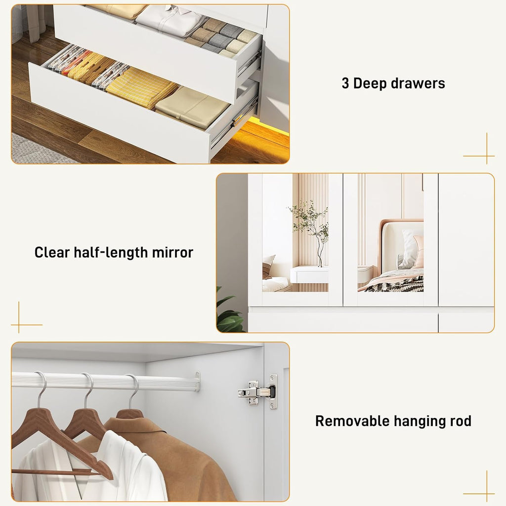 White Wardrobe Mirrors Drawers LED