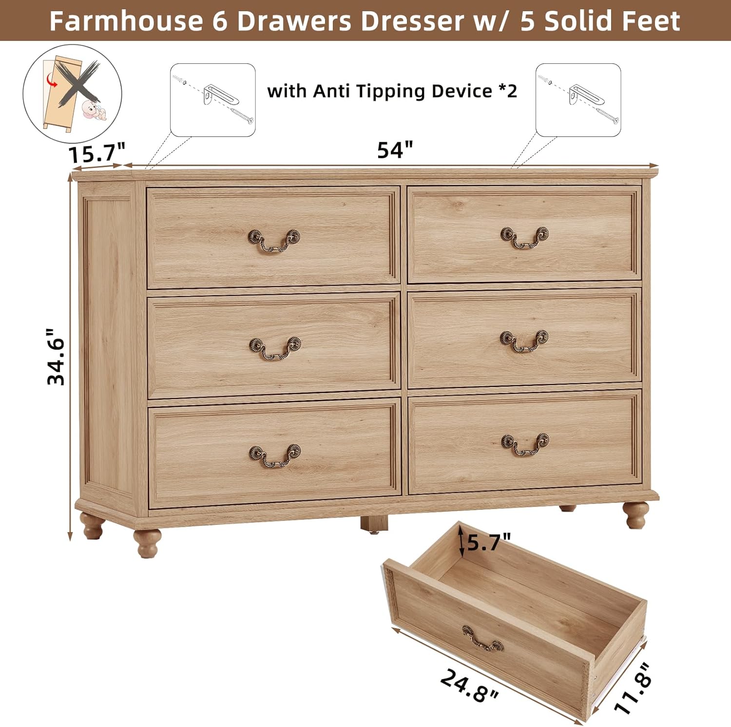Natural Farmhouse 6 Drawer Wide Dresser