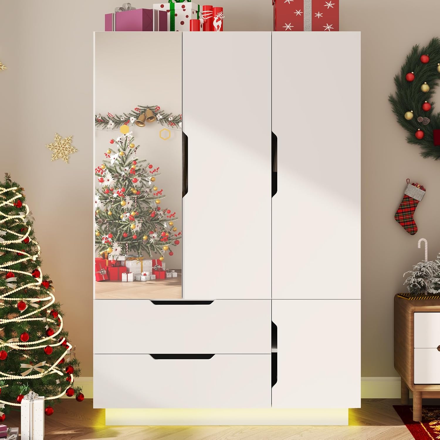 White Wardrobe with Mirror Drawers LED