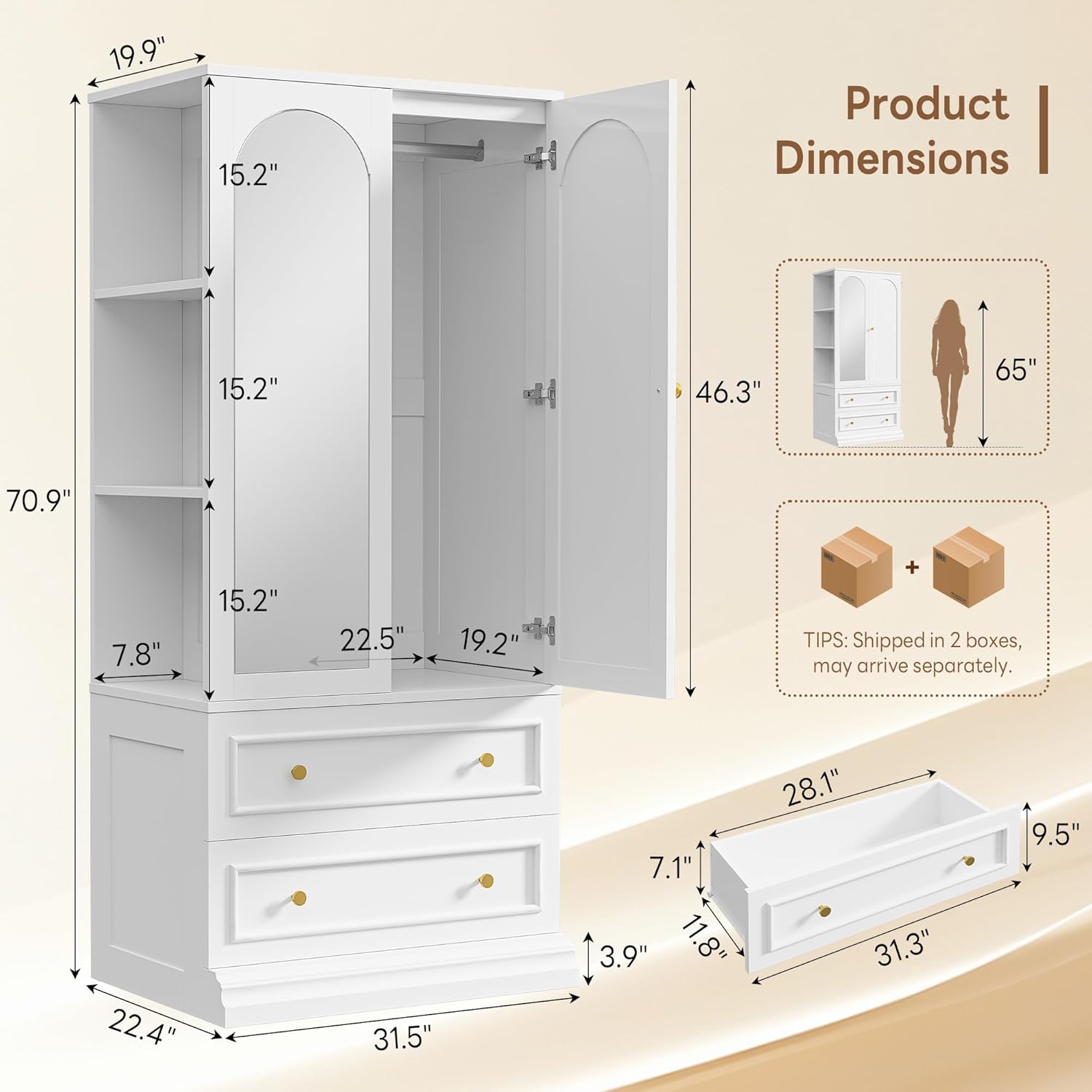 White Wardrobe Mirror Shelves Drawers