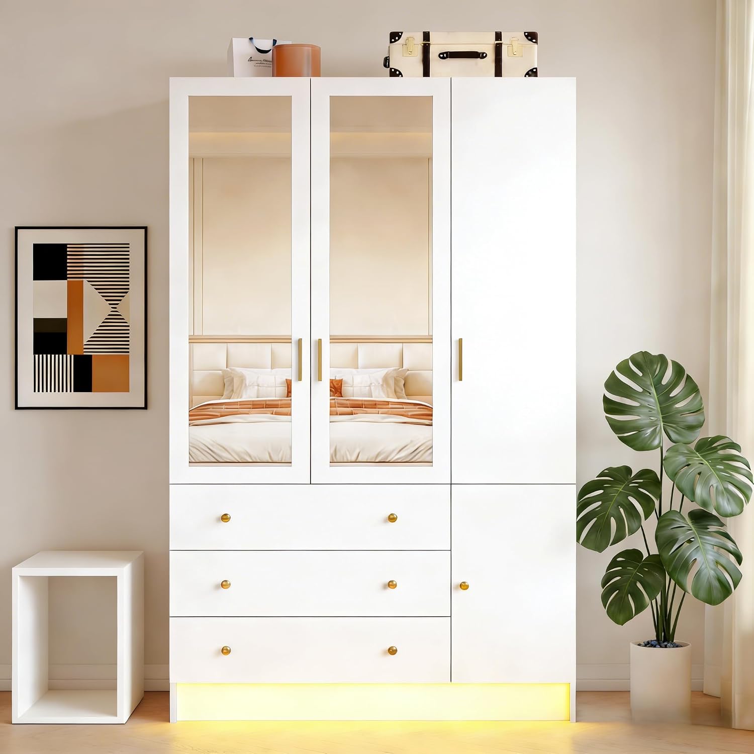 White Mirrored Wardrobe Drawers LED