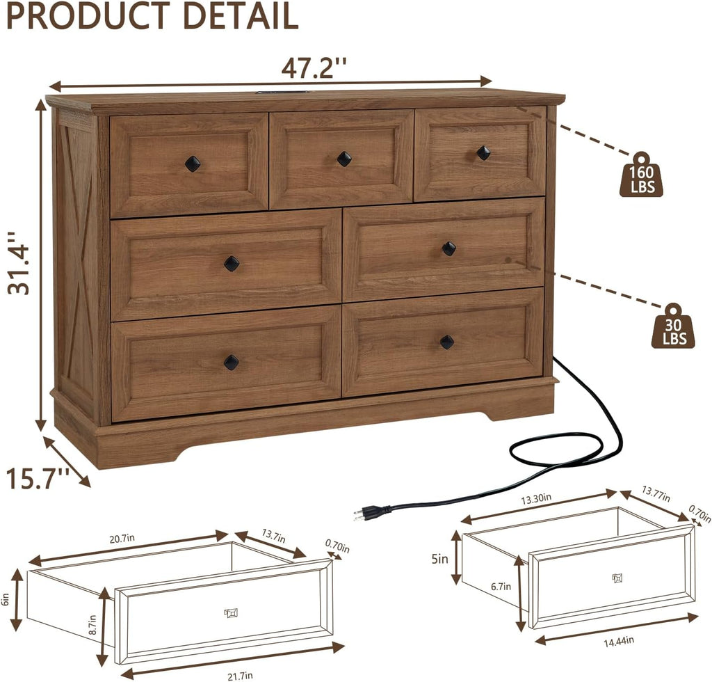Natural Oak 7 Drawer Charging Station Dresser