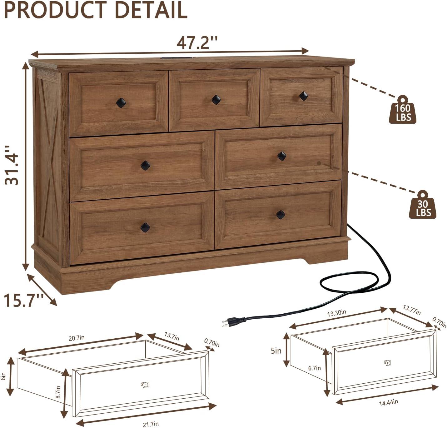 Natural Oak 7 Drawer Charging Station Dresser