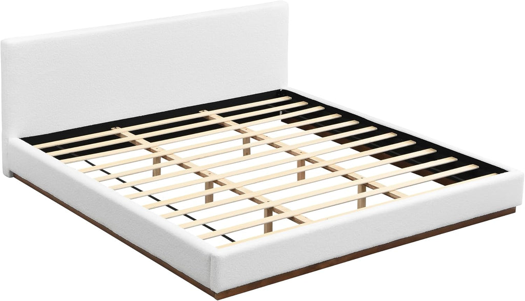 White Boucle Platform Bed Wood Slats