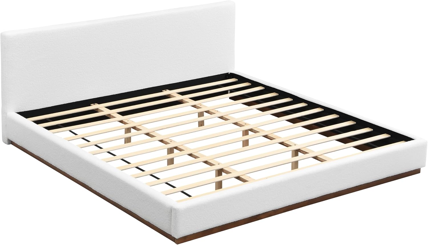 White Boucle Platform Bed Wood Slats