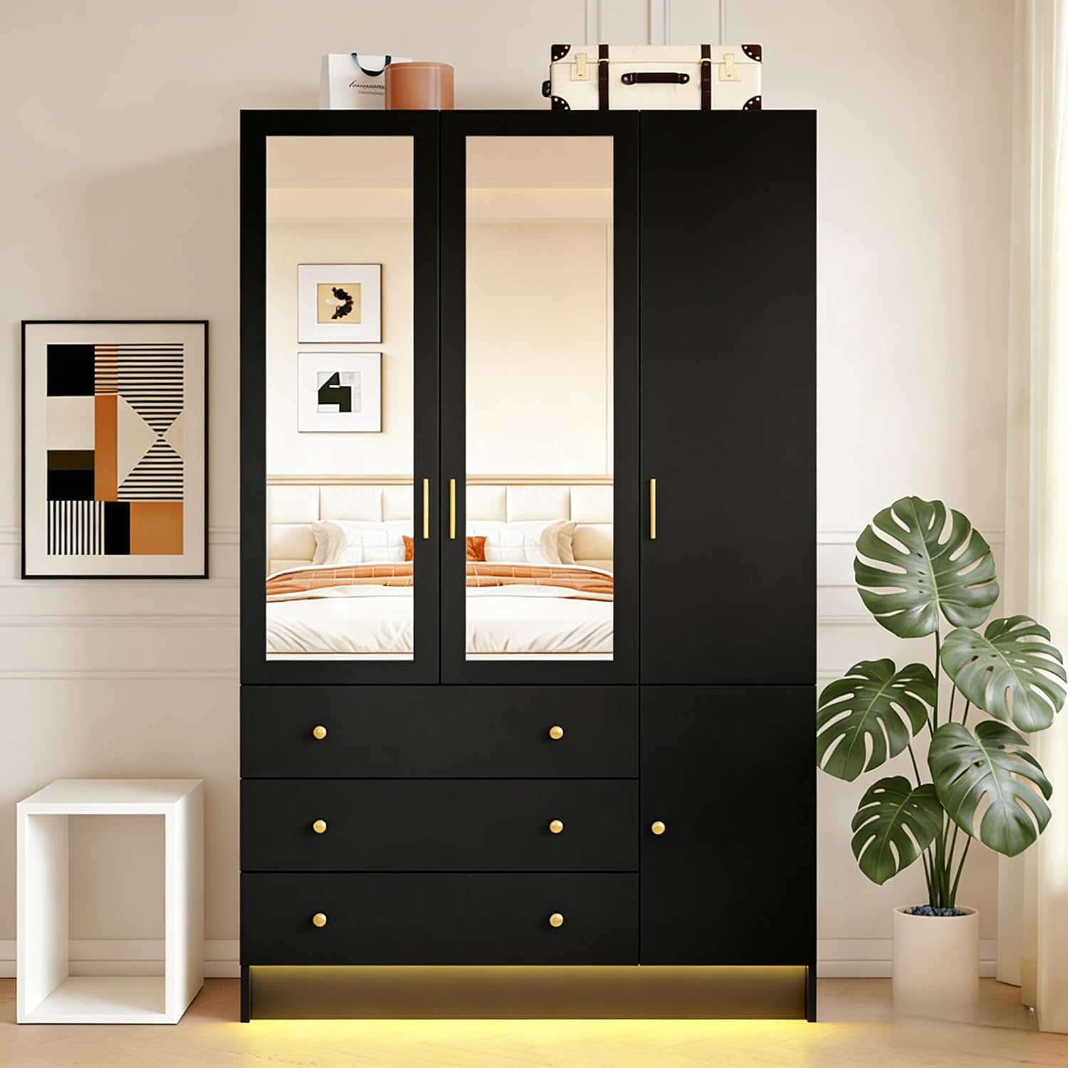 Black Mirrored Wardrobe Drawers LED
