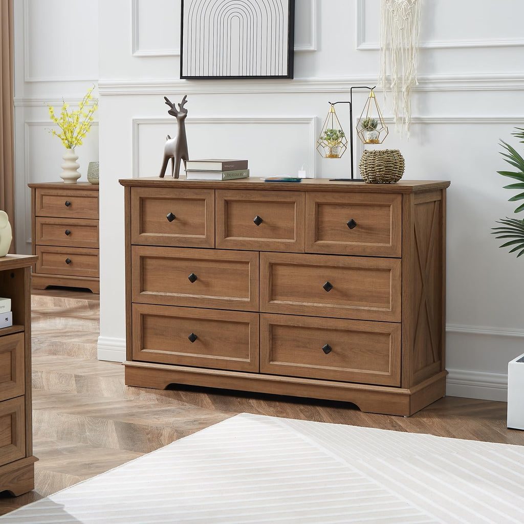 Natural Oak 7 Drawer Charging Station Dresser