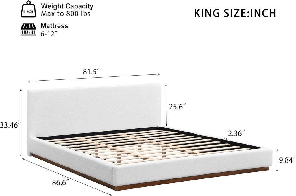 White Boucle Platform Bed Wood Slats