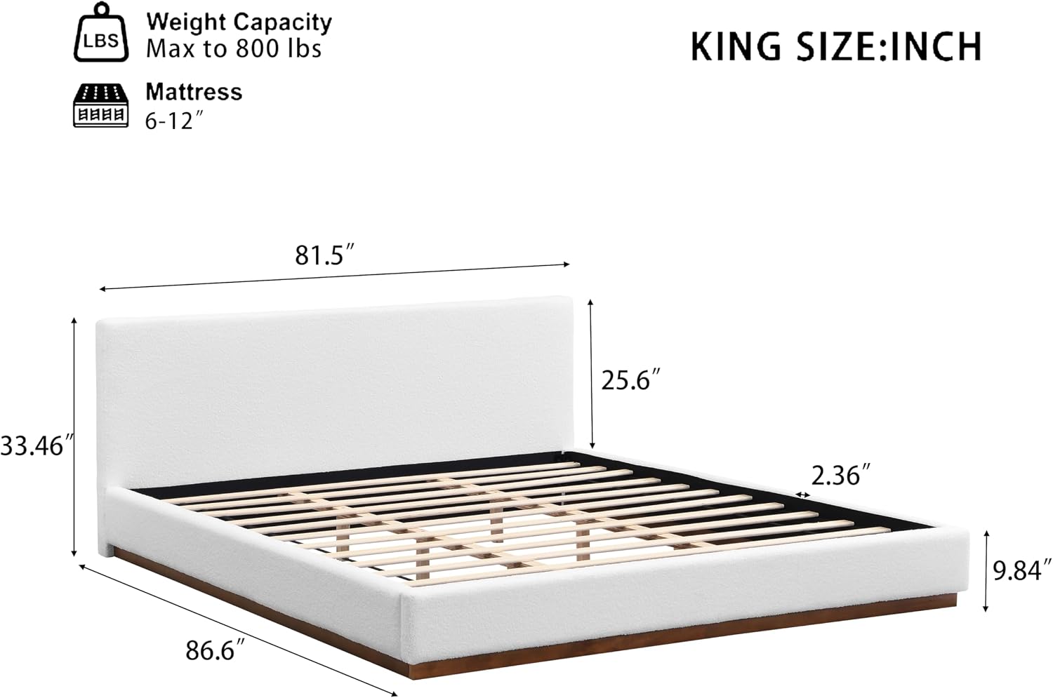 White Boucle Platform Bed Wood Slats