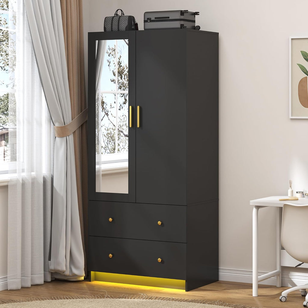 Black Wardrobe Mirror Drawers LED Lights