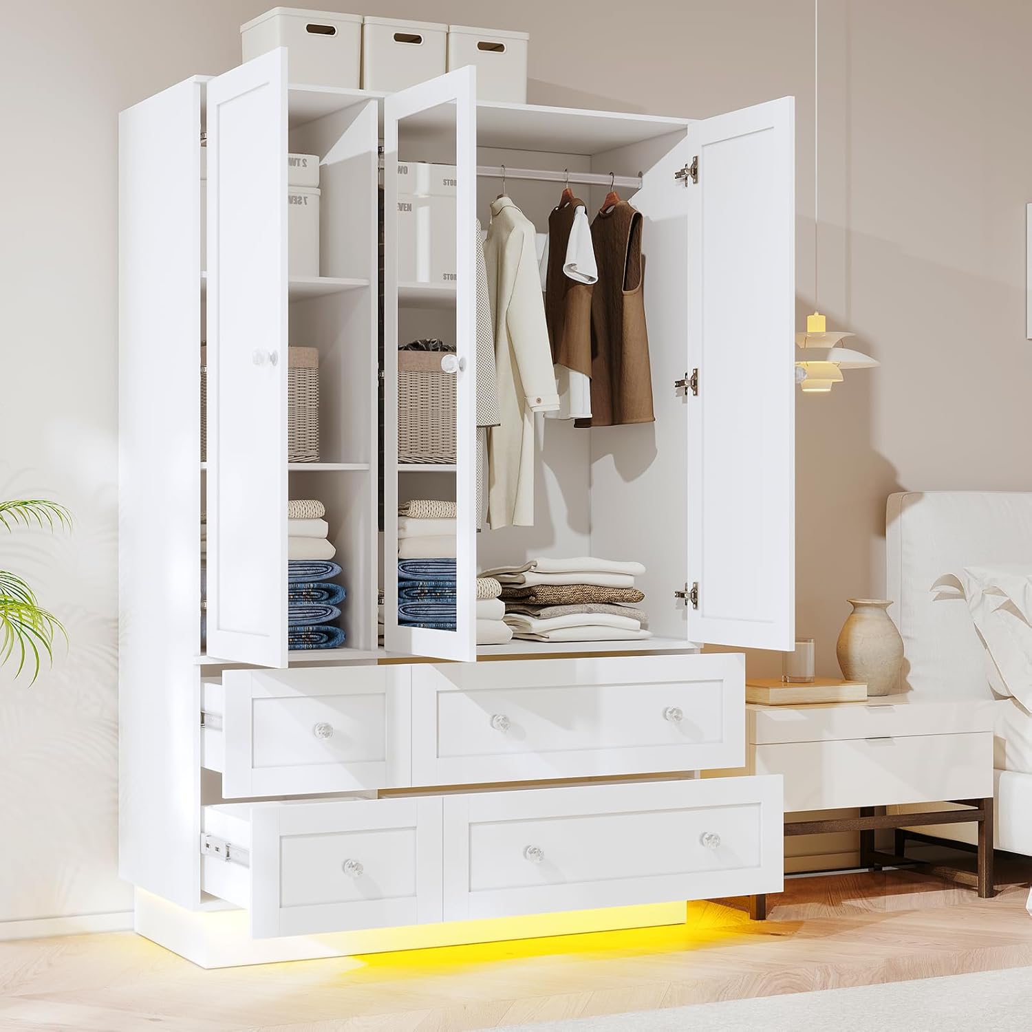 White Wardrobe Mirror Drawers LED
