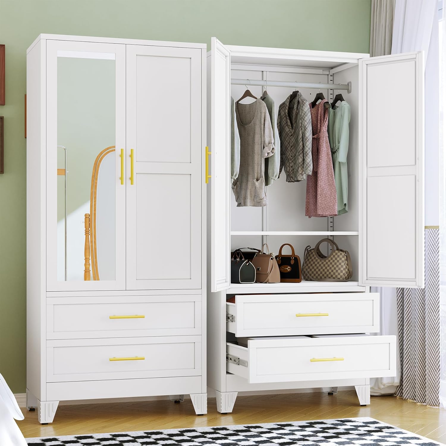 White Metal Wardrobe Mirror Drawers