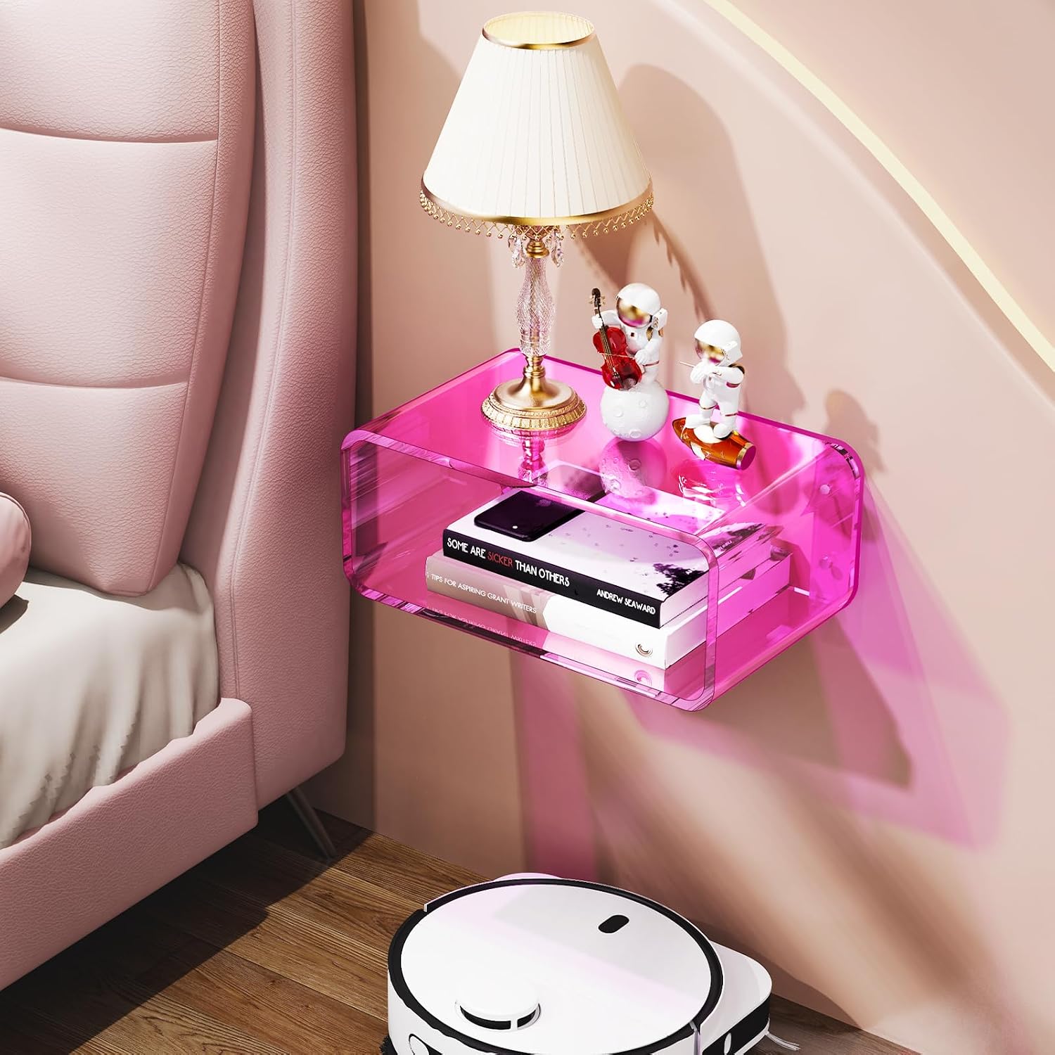 Pink Small Wall Mounted Acrylic Floating Nightstand