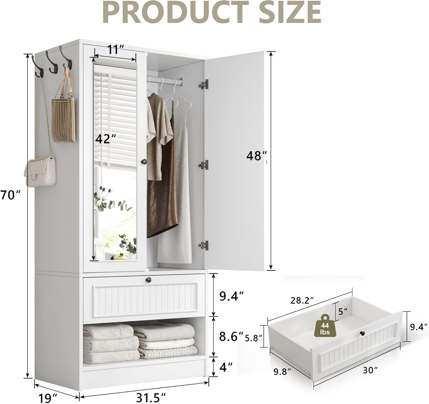 White Wardrobe Mirror Drawer Storage