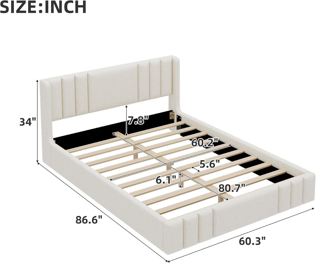 Beige Linen Wingback Platform Bed