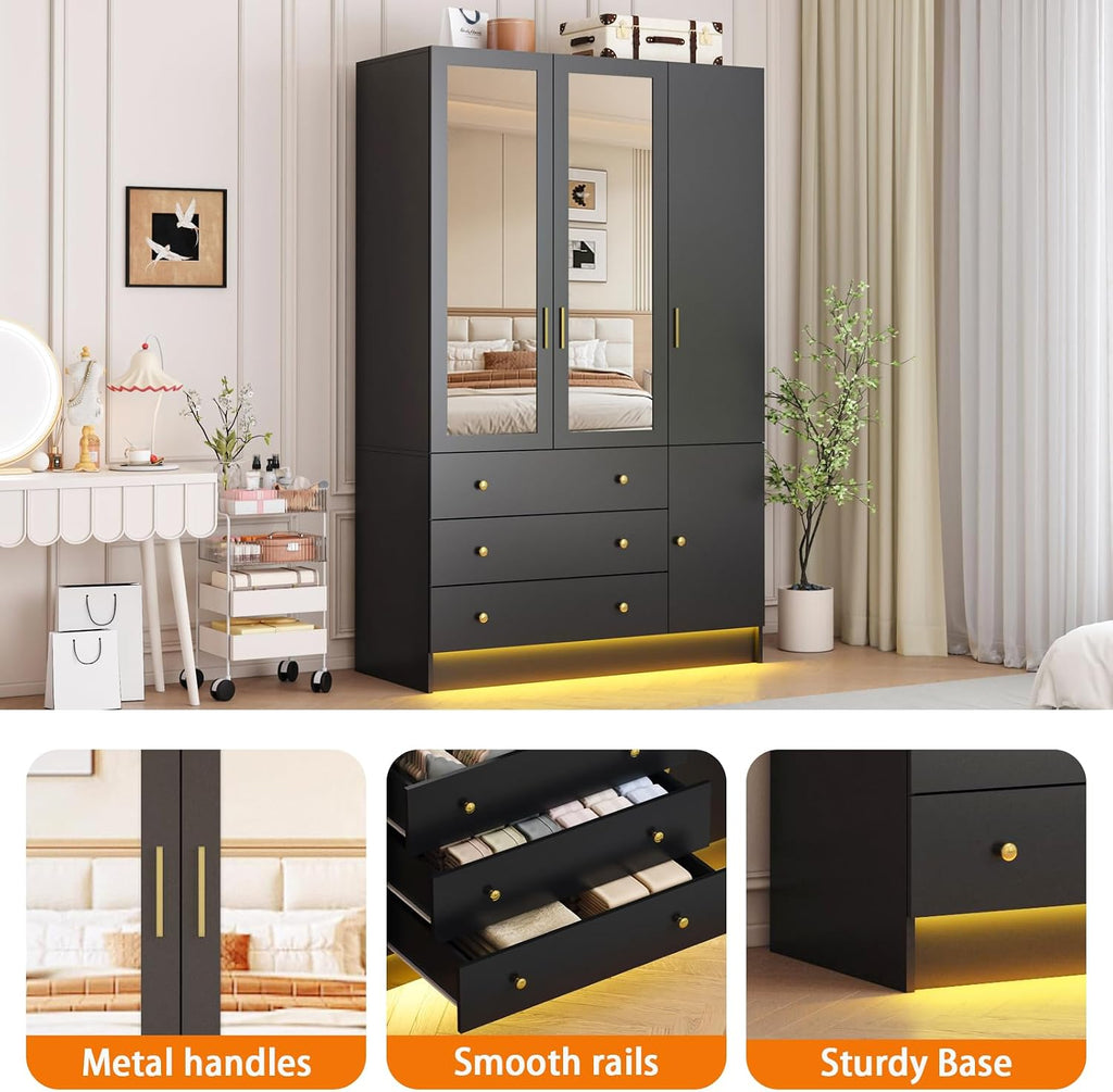 Black Mirrored Wardrobe Drawers LED