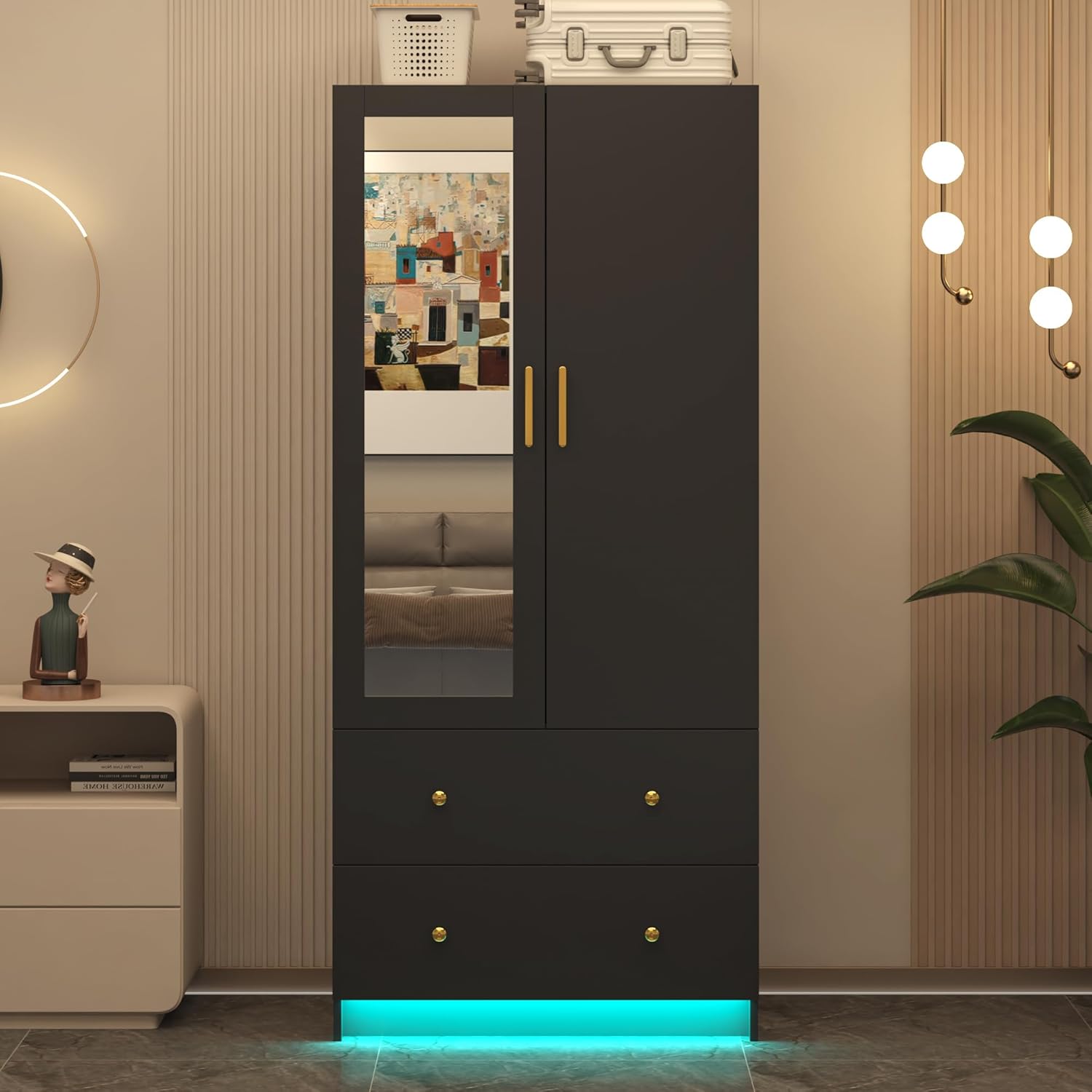 Black Wardrobe Mirror Drawers LED Lights