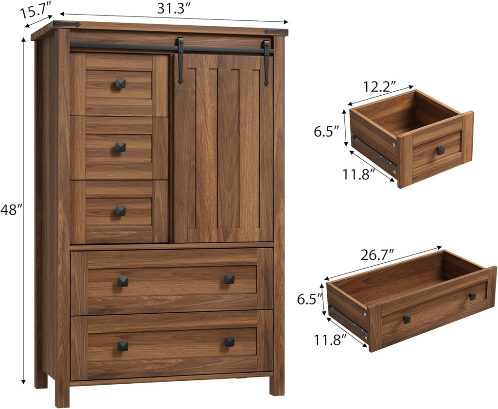 Walnut Farmhouse 5 Drawer Barn Door Dresser