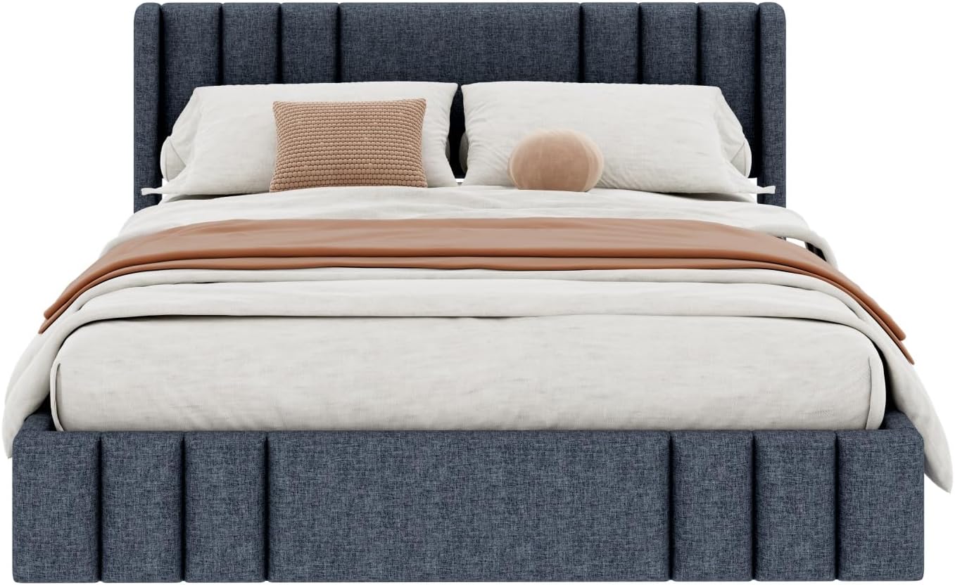 Gray Wingback Linen Platform Bed