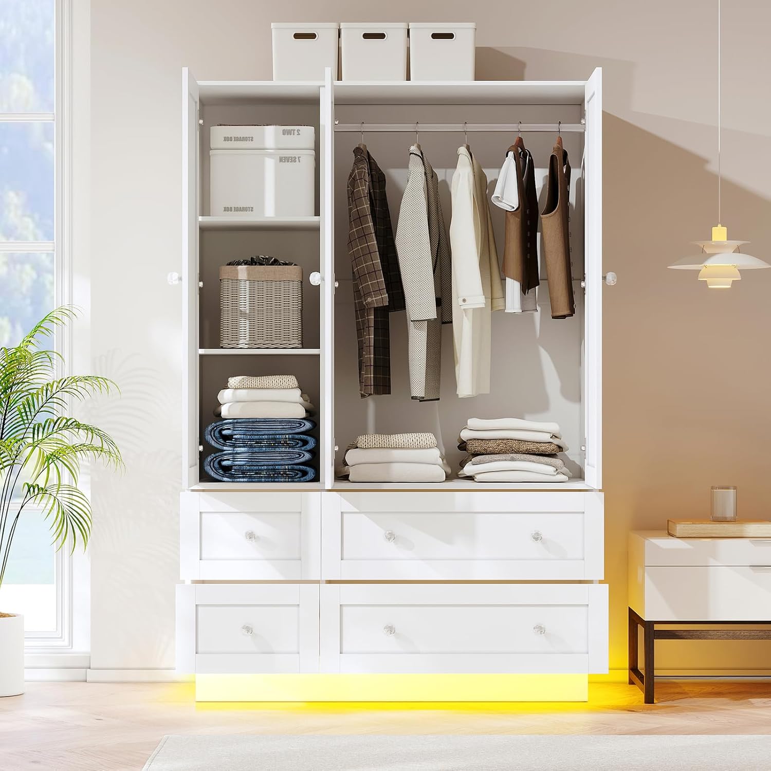 White Wardrobe Mirror Drawers LED