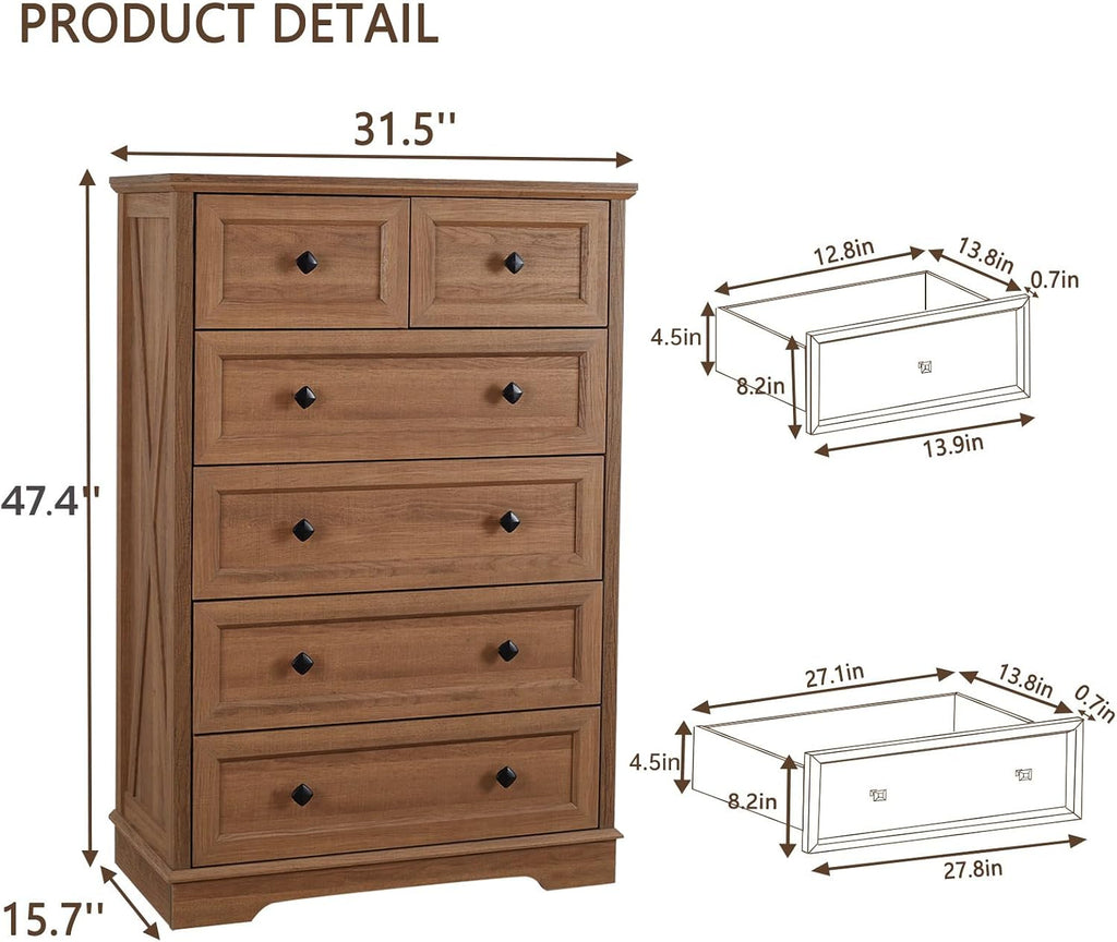 Natural Oak Farmhouse 6 Drawer Dresser