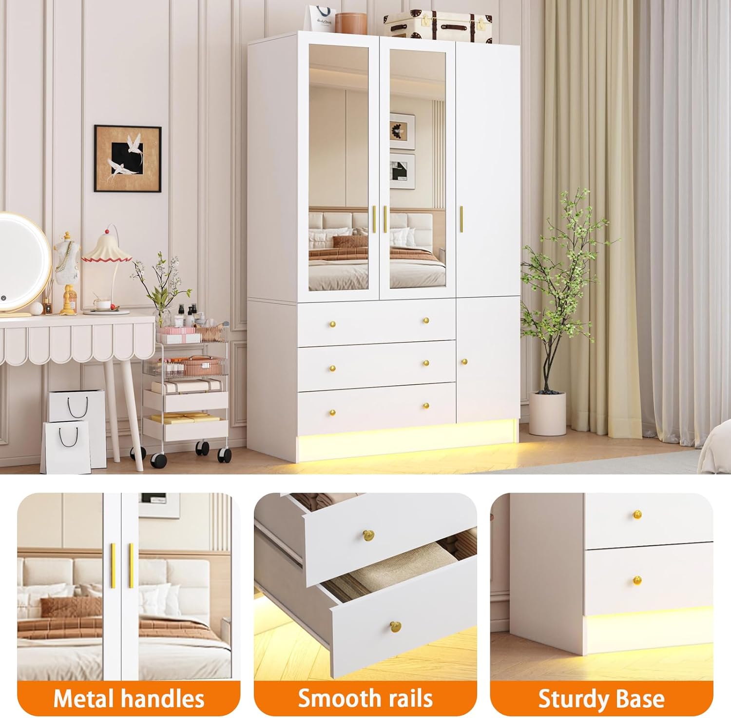 White Mirrored Wardrobe Drawers LED