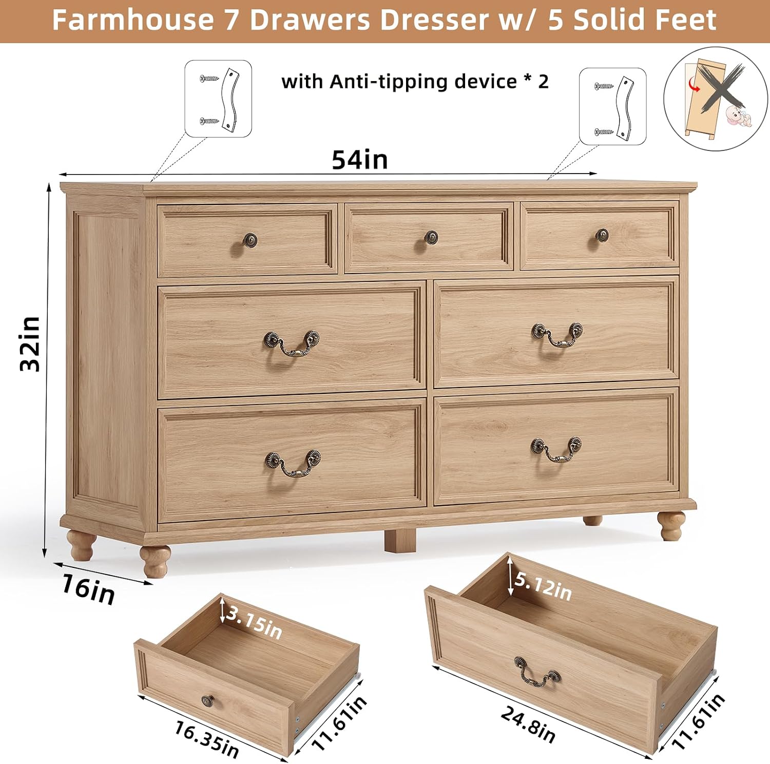 Natural Farmhouse 7 Drawer Wide Dresser