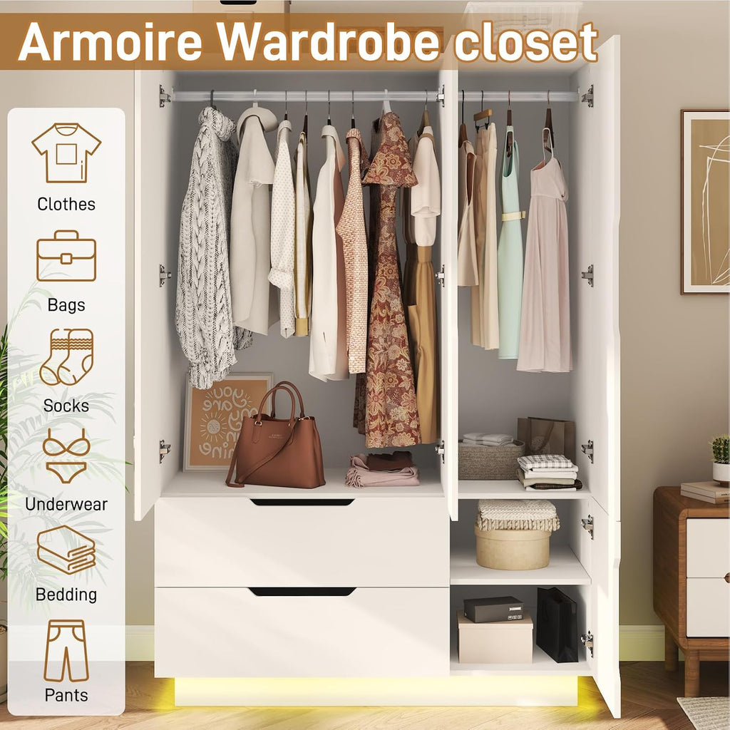 White Wardrobe with Mirror Drawers LED