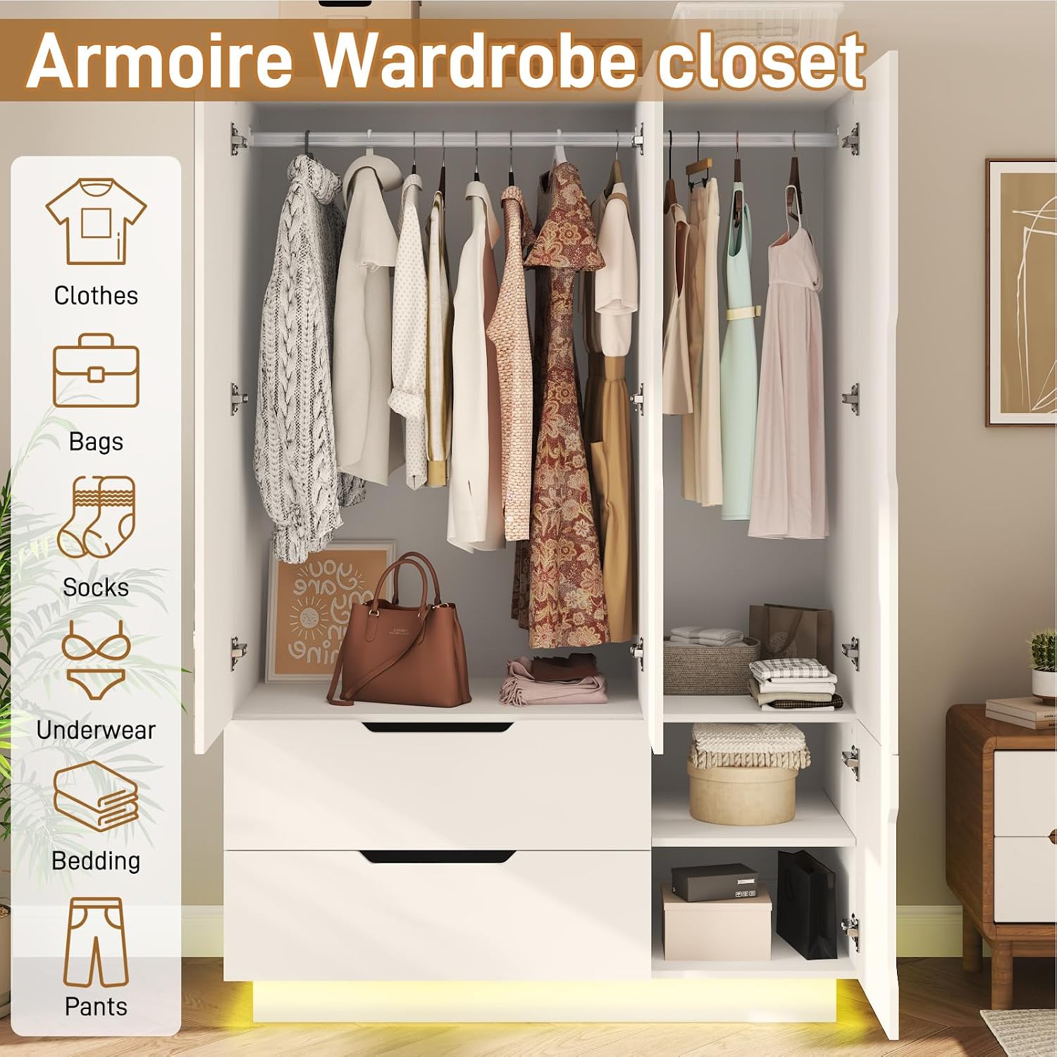 White Wardrobe with Mirror Drawers LED