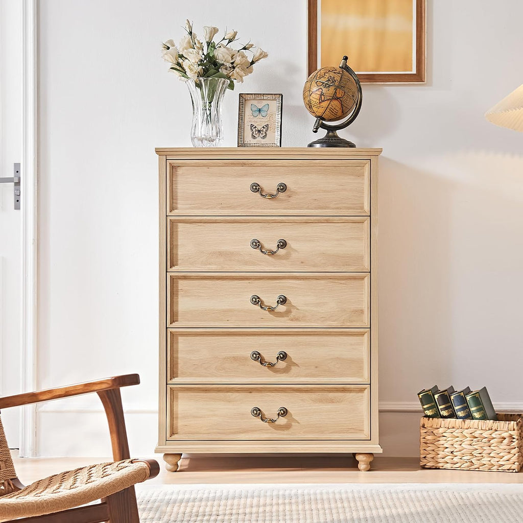 Natural Oak Farmhouse 5 Drawer Dresser