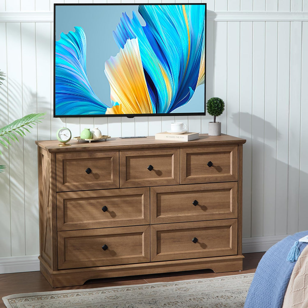 Natural Oak 7 Drawer Charging Station Dresser