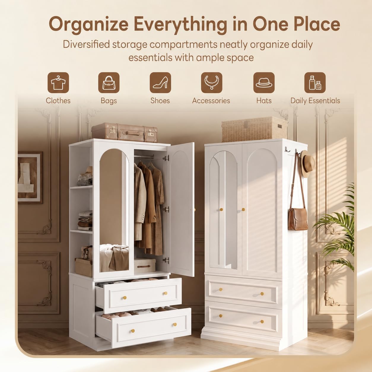 White Wardrobe Mirror Shelves Drawers