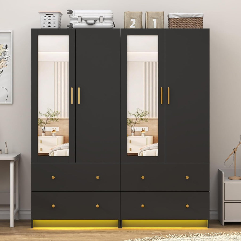 Black Wardrobe Mirror Drawers LED Lights