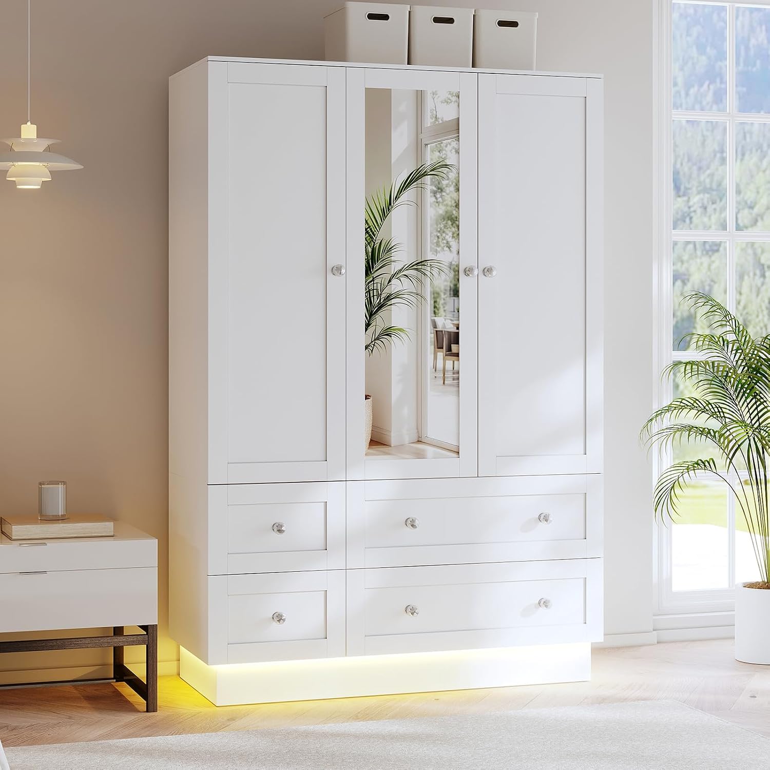 White Wardrobe Mirror Drawers LED